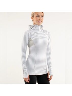 Lululemon Run: Back On Track Pullover Hoodie in a silver spoon and gray stripe